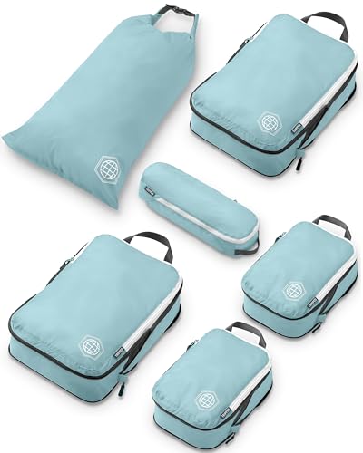 Image of Compression Packing Cubes for Travel - Luggage and Backpack Organizer Packaging Cubes for Clothes (Dusty Teal and White, 6Piece)