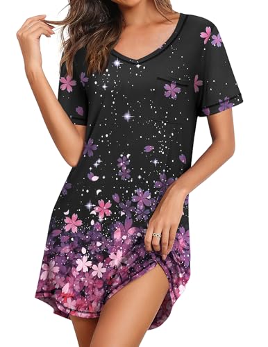 Ekouaer ナイトガウン 女性用 半袖 スリープシャツ Vネック ナイトシャツ ソフトスリープシャツ カジュアル Tシャツ スリープドレス, 桜, Large（Amazon）