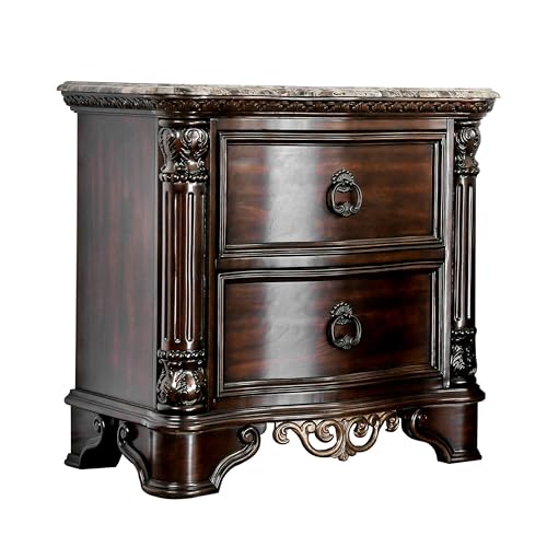 30 Inch Nightstand with 2 Drawers, Classic Marble Top, Ornate