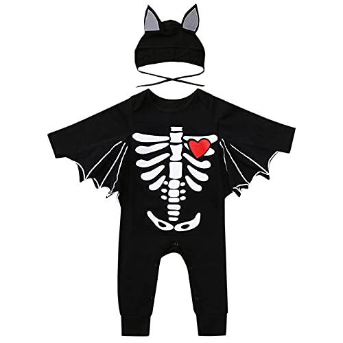 Combinaison Halloween bébé noire avec motif tête de mort et chapeau 12 mois