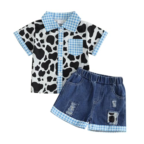 Mialoley Toddler Boy Denim Outfit Infant Girl Western Clothes Kids Jean Shorts Set Short Sleeve Shirts Baby Cow Summer Outfit (01 Sky Blue, 18-24 Months)
