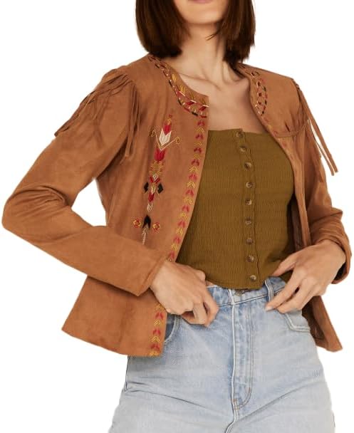 Women's Fringe Embroidered Jacket, Western Style, Suede, Camel