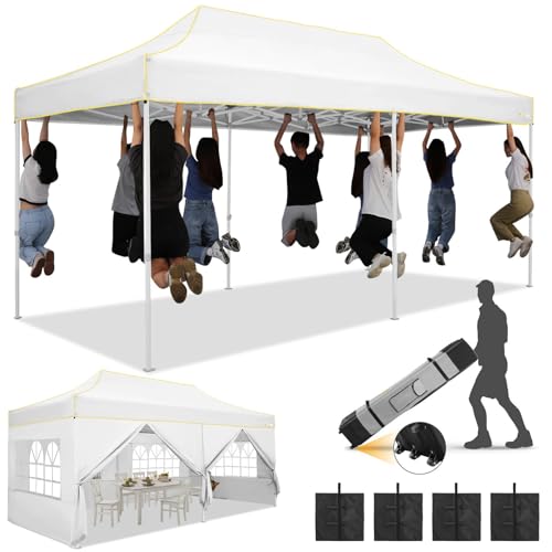 HOTEEL 10x20 Heavy Duty Pop Up Canopy Tent with Sidewalls, Commercial Outdoor Canopy Tents for Parties Event Wedding with Roller Bag, Waterproof & UV 50+, Upgraded Thickened Hexagonal Legs, White