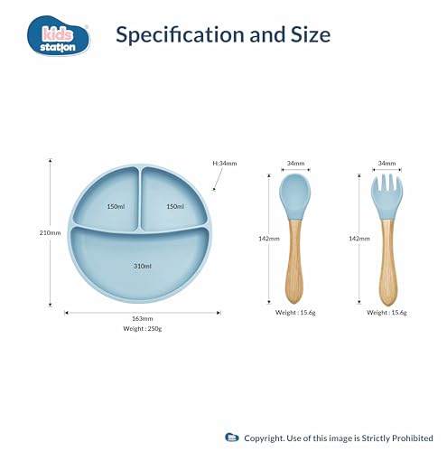 Image of Kids Station 3 Piece BPA-Free Silicone Baby Feeding Set - Baby Plate - Spoon and Bowl - Make Mealtime Fun - Microwave Safe - Unbreakable Eco-Friendly - Organic & Natural (Blue)
