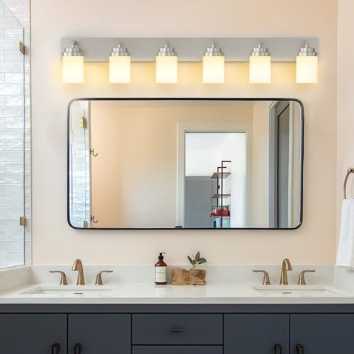 Image of IZORRO Bathroom Vanity Light Fixture, 6-Light 46 Inch Brushed Nickel Bathroom Light Fixtures Over Mirror, with White Glass Shade, Modern Farmhouse Vanity Lights, Rustic Restroom Lighting Fixtures