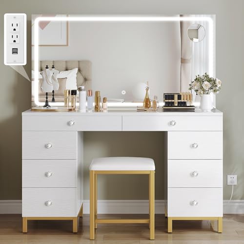 DWVO Vanity Desk with Mirror and Lights, Large Vanity Set with Charging Station, Makeup Table with 8 Drawers, Dimmable 3 Lighting Colors, Makeup Desk for Bedroom and Dressing Room, White