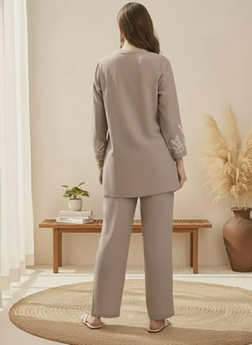 Image of SHEINZY Elegant Embroidered Sleeve Co-Ord Set for Women | Comfortable Silk Blend V-Neck Button-Down Top Matching Pants | Stylish Casual Ethnic Wear