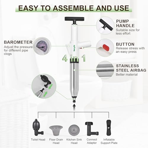 Toilet Plunger, High Pressure Drain Unclogging Tool, Plungers for Bathroom, Floor, Shower, Sink Heavy Duty, Multi-Purpose Air Pump Plunger for Toilet, Toilet Snakes for Hair Clog Remover - Image 4