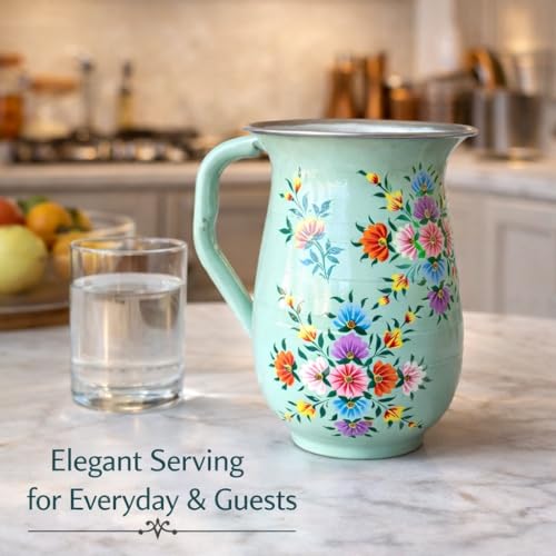 Image of iHandikart Handpainted Stainless Steel Water Jug | Mint Green Floral Steel Pitcher for Water, Juice & Milk | Decorative Serving Jug for Kitchen, Dining & Home Decor | 8 x 6 Inch