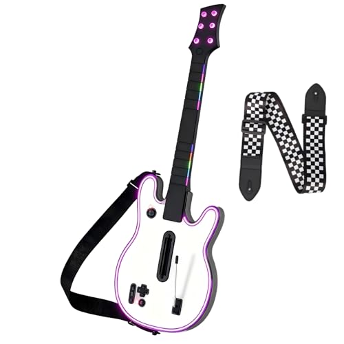 Image of Lyvix Wireless Guitar Controller for PS4 PS3 PC Guitar Hero Rock Band White | Supports Clone Hero, Fortnite Festival, Built-in RGB Lighting, Comes with Checkered Strap and Audio Jack