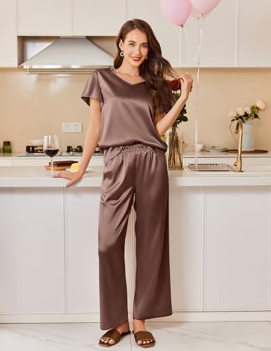 Image of Ekouaer Women's Satin Silky Pajama Set 2 Piece Short Sleeve Shirt with Long Pants Pjs Sets Soft PJ Loungewear S-XXL