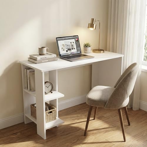 Image of Breeze Minimalist Study Table with 2-Tier Side Shelves, Modern White Computer Desk for Home Office & Students, 100x50x77cm (Arctic White)