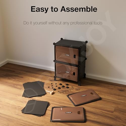 Image of BOXJOY 8 Shelf Black Shoe Rack for Home with 4 Brown Doors, Hard PET Plastic with Metal Door Frame, Shoe Chappal Slipper Sandals Stand