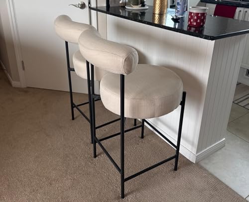 EALSON Modern Counter Height Bar Stools Set of 2 Linen Upholstered Barstools with Curved Open Back/Round Seat Fabric Comfortable Bar Chairs for Kitchen Island, 26 Inch Beige