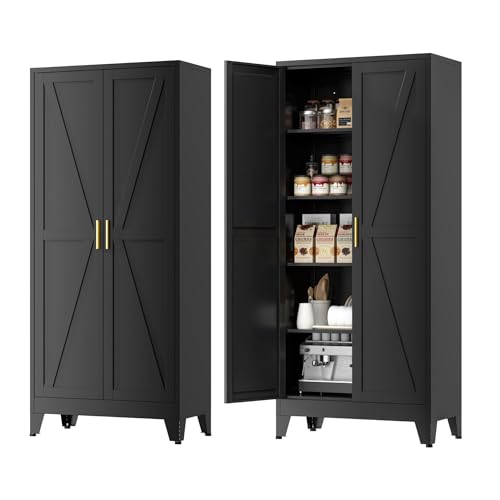 Image of Farmhouse Pantry Cabinet with Barn Doors, 71 inch H x 31.5 inch W, 5-Tier Metal Storage Cabinet with 4 Adjustable Shelves for Kitchen Garage Dining Room, Black 1 Pack