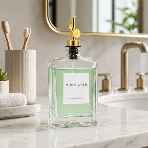 Image of Mouthwash Dispenser for Bathroom - Square Glass Mouth Wash Dispenser, Gold Weighted Pour Spout, Funnel & 4 Labels - 375 ml / 12.68 oz | Includes Gold Weighted Pour Spout, Funnel, 4 Labels