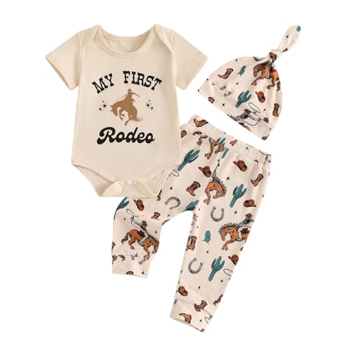 Gaono Western Newborn Baby Boy Cowboy Outfit Funny Letter Short Sleeve Romper+Long Pants+Hat Infant Country Clothes (Beige, 0-3 Months)