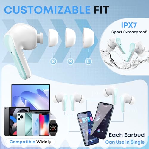 Image of Wireless Earbuds, 50H Playback LED Digital Display Ear Buds with Bluetooth 5.3 Headset, IPX7 Waterproof Earphones for Running /Workout Light Green