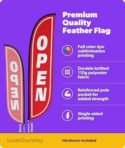 Image of LookOurWay Feather Flag Pole Kit - 12 Feet Tall Advertising Flag Banner with Fiberglass Pole Kit and Ground Spike for Business Promotion - Grand Opening Flags - Open Red & White (10M1200104)
