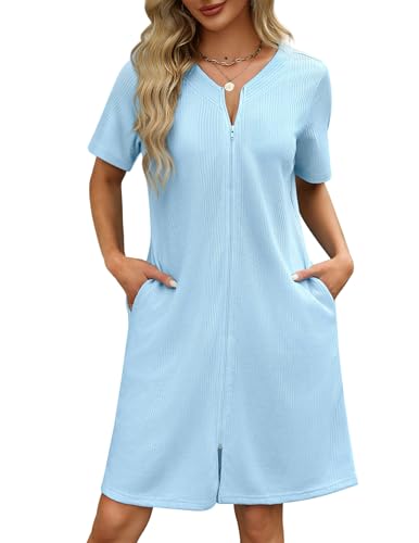 Ekouaer Women Zipper Robes Waffle Short Bathrobe Lightweight House Coat with Pockets Soft Nightgown