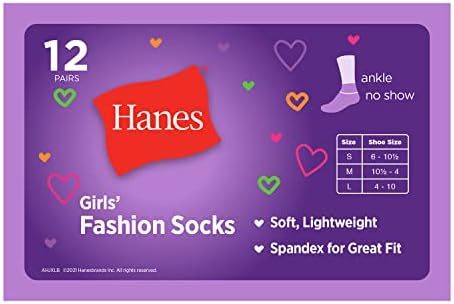 Hanes girls Fashion Ankle Socks, Assorted 12-pairs Pack, Multi-pack No-show Socks for Girls, Patterned Ankle Socks Multi-pack