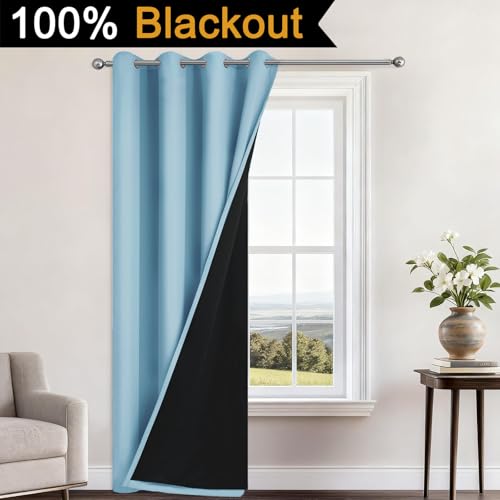 Image of Yakamok Sky Blue 100% Blackout Curtains 84 Inches Long 52 inch Wide 1 Panel | Blackout Curtain Panels for Bedroom, 2 Thick Layers Grommet Top Thermal Insulated Drapes with Black Liner for Living Room