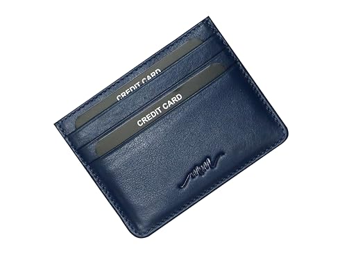 Image of MM Designs Slim and Compact Leather Credit Card Holder for Men and Women | Genuine Leather RFID Blocking Protection | Minimalist Card Wallet with 6 Card Slots (Navy Blue)