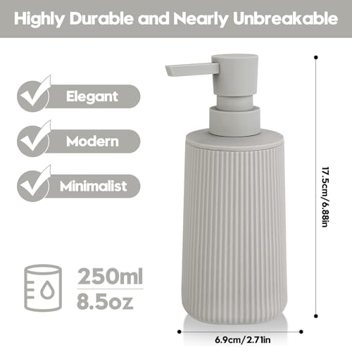 Image of Small Soap Dispenser for Bathroom and Kitchen, Modern Farmhouse Striped Style Plastic Hand Soap Dish Soap Dispenser with Pump Matte Beige