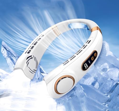 Ventilador de Cuello Portátil, 4000mah Bladeless Ventilador de Cuello Recargable con 5 Velocidades, Luz LED, Ventilador de Cuello Portát USB Silencioso Sin Aspas con Flujo de Aire 360°, Blanco