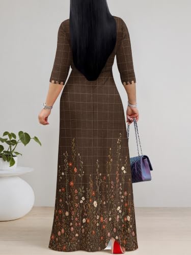 Image of PinkPatty Women's Plus Size Maxi Dresses Casual Flowy 3 /4 Sleeves Dress Printed Vacation Dress for Daily Wear with Belt