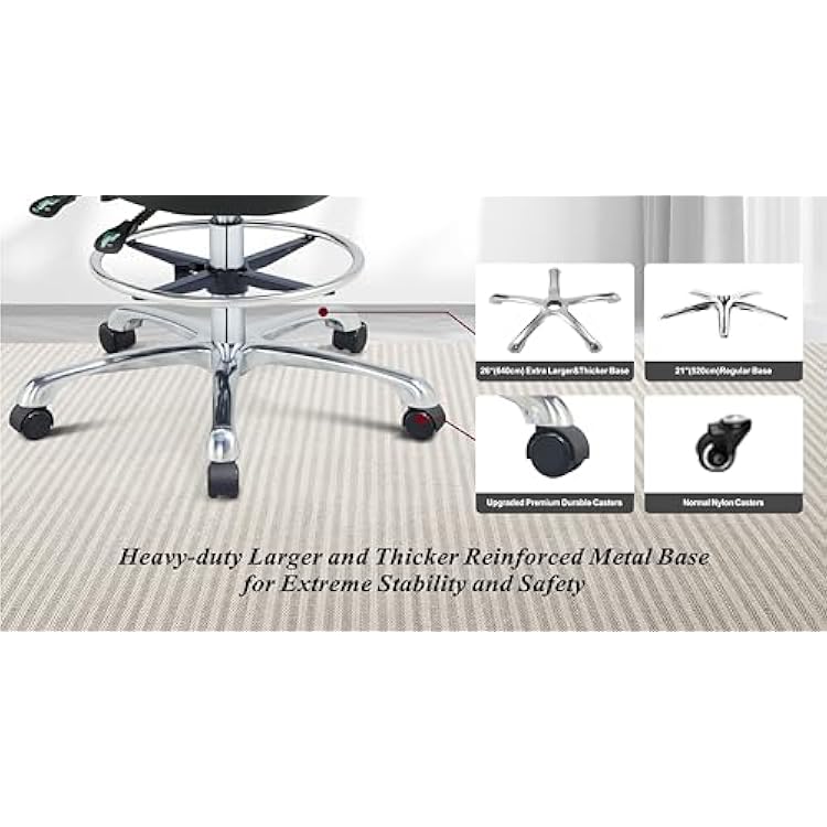 Height Adjustable Rolling Shop Stool with Back Support - Kitchen Stool with Wheels Heavy Duty for Salon, Spa, Massage, Tattoo, Esthetician - Extra Thick for Extreme Comfort