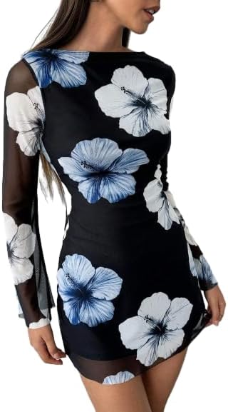 SKAYS Women's Fall Mini Long Mesh Sexy Sleeve Dress Backless Bodycon Party Short Dress - Image 7