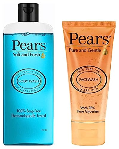 Image of PEARS Pure and Gentle Daily Cleansing Facewash, 150 g & Pears Soft & Fresh Body Wash 250 ml (Combo Pack of 1) With Glycerin & Fresh Mint, Cooling Shower Gel for Bathing - Paraben Free, & Women