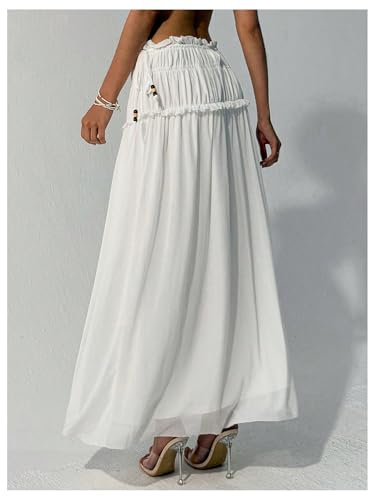 WDIRARA Women's Drawstring Side Elastic Waist Flowy Maxi Skirt Frill Trim Flared Long Dress3