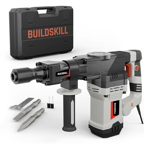 BUILDSKILL 6.5kg Demolition Hammer with 1500W Copper Motor | 360° Rotating Handle | 3950 BPM | LED Indicator | Hex Point & Flat Chisel for Breaking & 