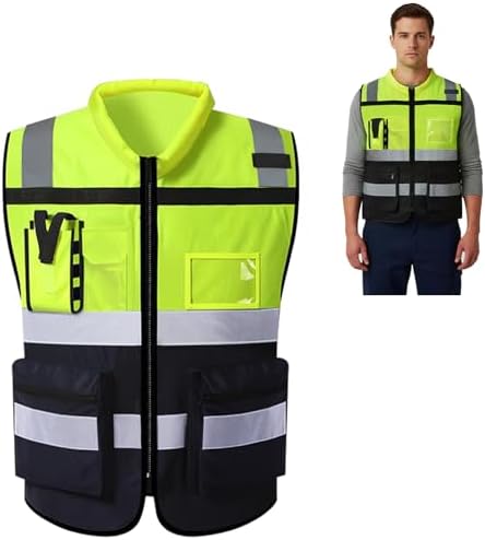 URAQT Reflektierende Sicherheitsweste, Warnweste für Herren and Damen, Hohe Sichtbarkeit Weste mit Reißverschluss, Warnschutz Arbeitsweste in Neon-Gelb/Grün- Atmungsaktiv, Reißfest