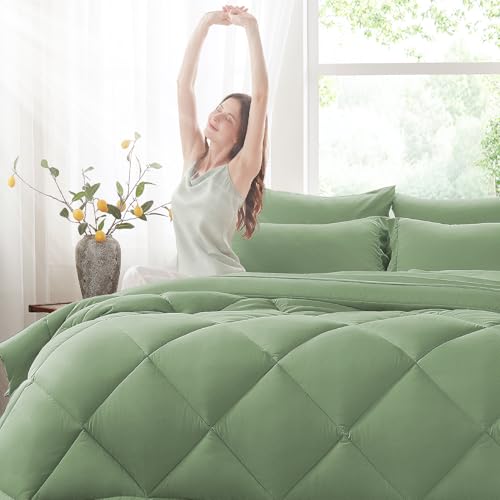 Anluoer Twin Comforter Set,Sage Green Bed in a Bag 5 Piece,Lightweight Bedding Set with Soft Down Alternative Fill,Bed Set Includes Comforter, Fitted Sheet, Flat Sheet,Pillowcase and Sham