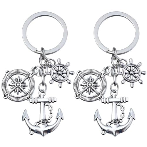 Kawailay 2 pièces Porte-clés Ancre Porte-clés boussole gouvernail Porte-clefs thème aventure nautique pour hommes femmes