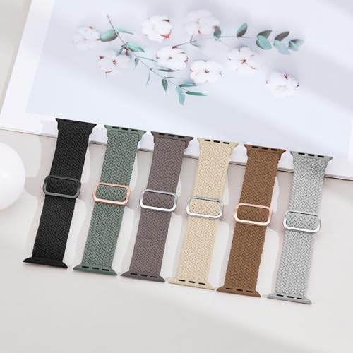 Image of 6 Pack Braided Stretchy Bands Compatible with Apple Watch Band 38mm 40mm 41mm 42mm 44mm 45mm 46mm 49mm Women Men, Adjustable Nylon Solo Loop Elastic Straps for iWatch Series 11 10 9 8 7 6 5 4 SE Ultra