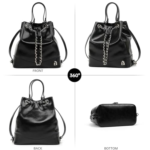LA FESTIN Leather Purses for Women Cute Backpack Lightweight Shoulder Small Trendy Bucket Handbags with Strap Silver Chain (Black) 6