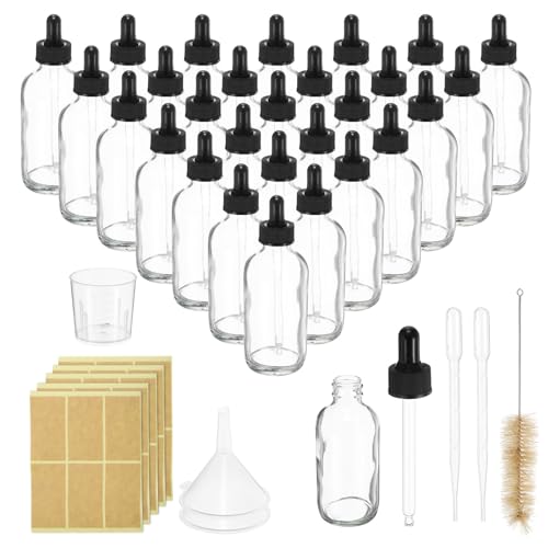 PATIKIL 60ml Glass Dropper Bottle, 48Pcs Leakproof Eye Dropper Essential Oils Sample Liquid Container with Brush Pipette Label Funnel Measuring Cup, Clear