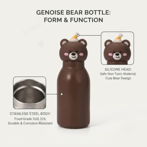 Image of JOUET Kids Stainless Steel Water Bottle 450ml with Brown Bear Character Lid, Leakproof Straw Bottle for School, Travel & Daily Use