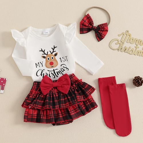 FYBITBO Newborn Baby Girl Christmas Outfits Cute Letter Romper Ruffle Plaid Skirt Dress Infant Christmas Outfit Clothes Set3