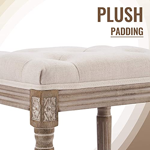 Vonluce French Vintage Foot Stool With Rustic Wood Legs And Padded Seat, Upholstered Vanity Stool Piano Stool And Entryway Bench, Tufted Fabric Ottoman Stool For Bedroom Living Room More, Beige #TOP5