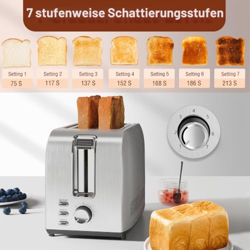 Toaster – 2 Scheiben, Toaster aus Edelstahl, 750 W, Toaster mit 2 großen Schlitzen...