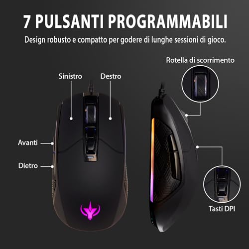 Mouse Gaming Ergonomico, 7 Pulsanti Programmabili, 7200 DPI, Effetti RGB 6 Colori, Filo Intrecciato 1.6m, Compatibile con Tappetino PC - Mouse gaming - Immagine 1