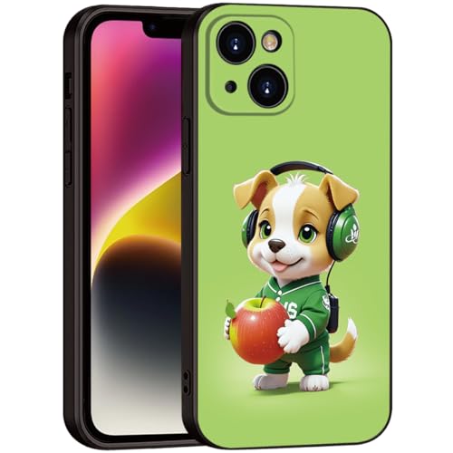 Charming Cartoon Dog for iPhone 15 Case - Playful Pup in Green Headphones & Sporty Outfit Holding Apple | Trendy Slim Protection for Girls & Women & Teens (B1-Cartoon Cute Dog)