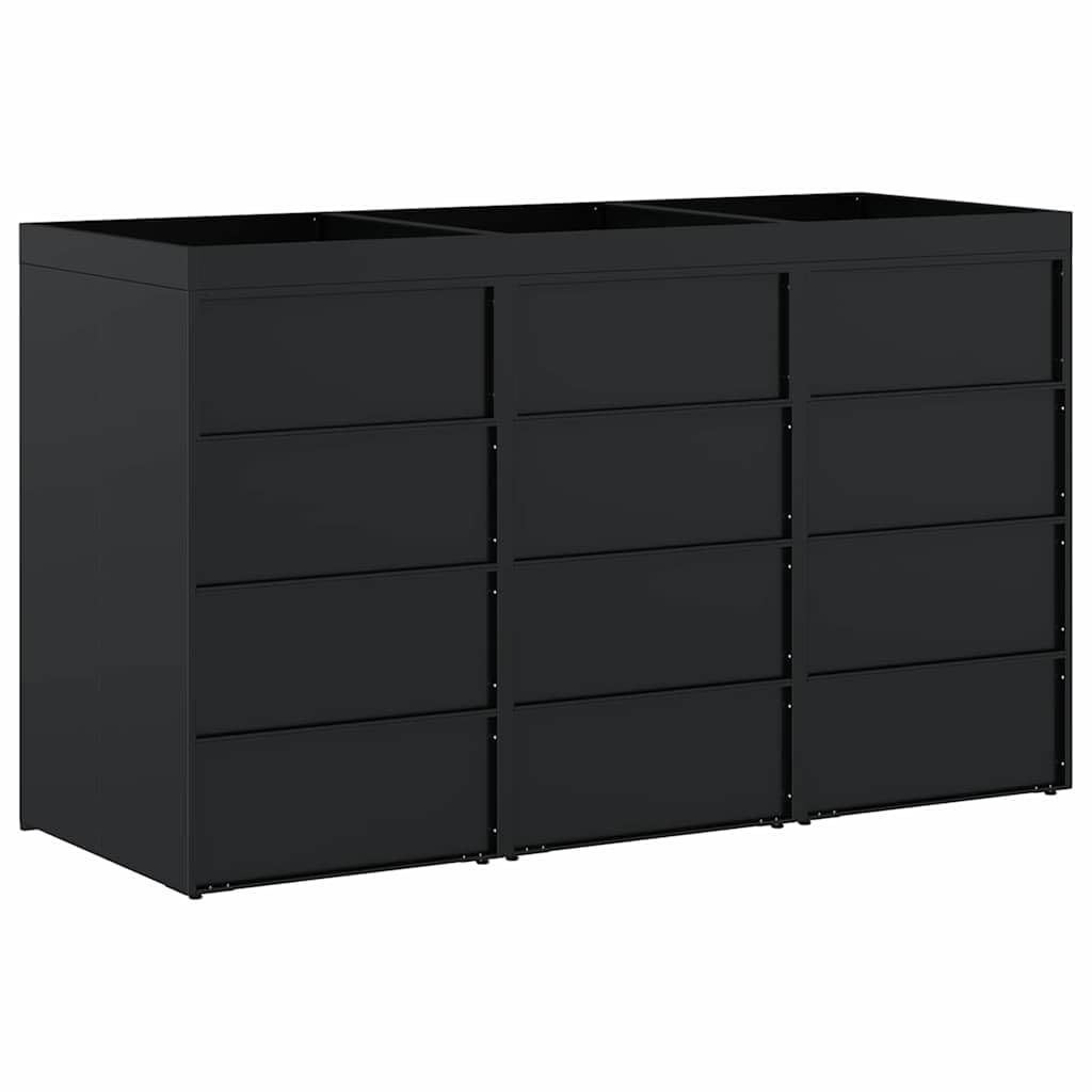 Mülltonnenbox für 3 Tonnen, Mülltonnenverkleidung für 3 Behälter Schwarz, 204 x 77,5 x 121,5 cm, aus pulverbeschichtetem Stahl mit Pflanzen-Dach, erweiterbares belüftetes Design
