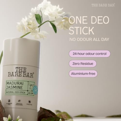 Image of The Bare Bar Madurai Jasmine Natural Deodorant Stick 75g | Up to 24-Hour Odour Control | Long-Lasting Freshness | Aluminium-Free, Baking Soda-Free | No White Marks, No Staining | For Men & Women