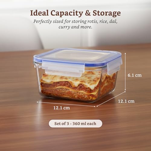 Image of Amazon Brand - Solimo Square Glass Food Storage Container, 360 ml - Set of 3, Airtight & Leakproof, Microwave & Freezer Safe, Transparent